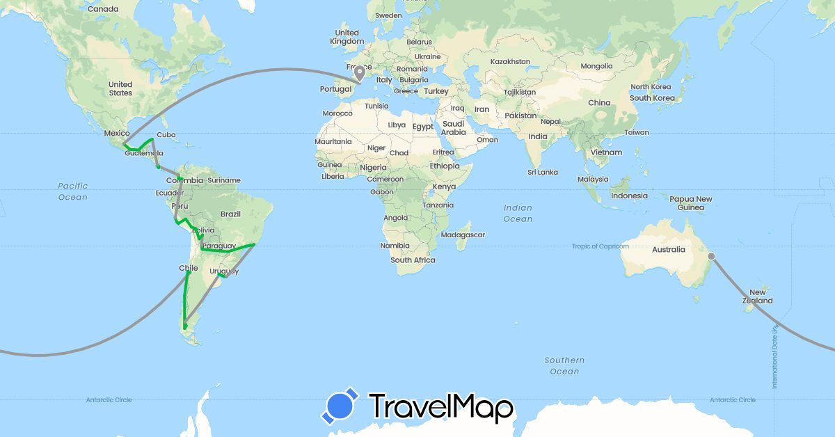 TravelMap itinerary: driving, bus, plane, boat in Argentina, Australia, Bolivia, Brazil, Chile, Colombia, Costa Rica, Spain, Mexico, Peru, Uruguay (Europe, North America, Oceania, South America)